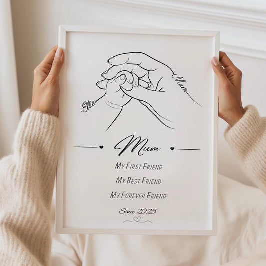 Custom Mummy and Baby Line Art Print, Personalised Mother's Day Gift, Mum First Best Friend Quote, New Mummy Birthday Gift, Baby Hand Decor