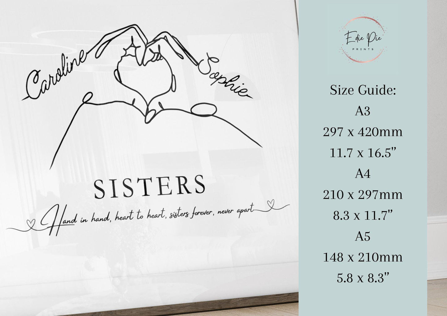 Personalised Sisters Print: Heart Hands Keepsake, Custom Names Gift