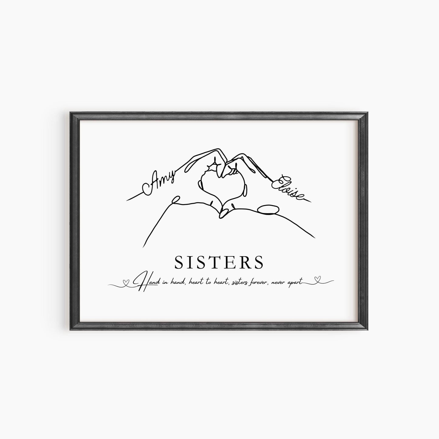 Personalised Sisters Print: Heart Hands Keepsake, Custom Names Gift