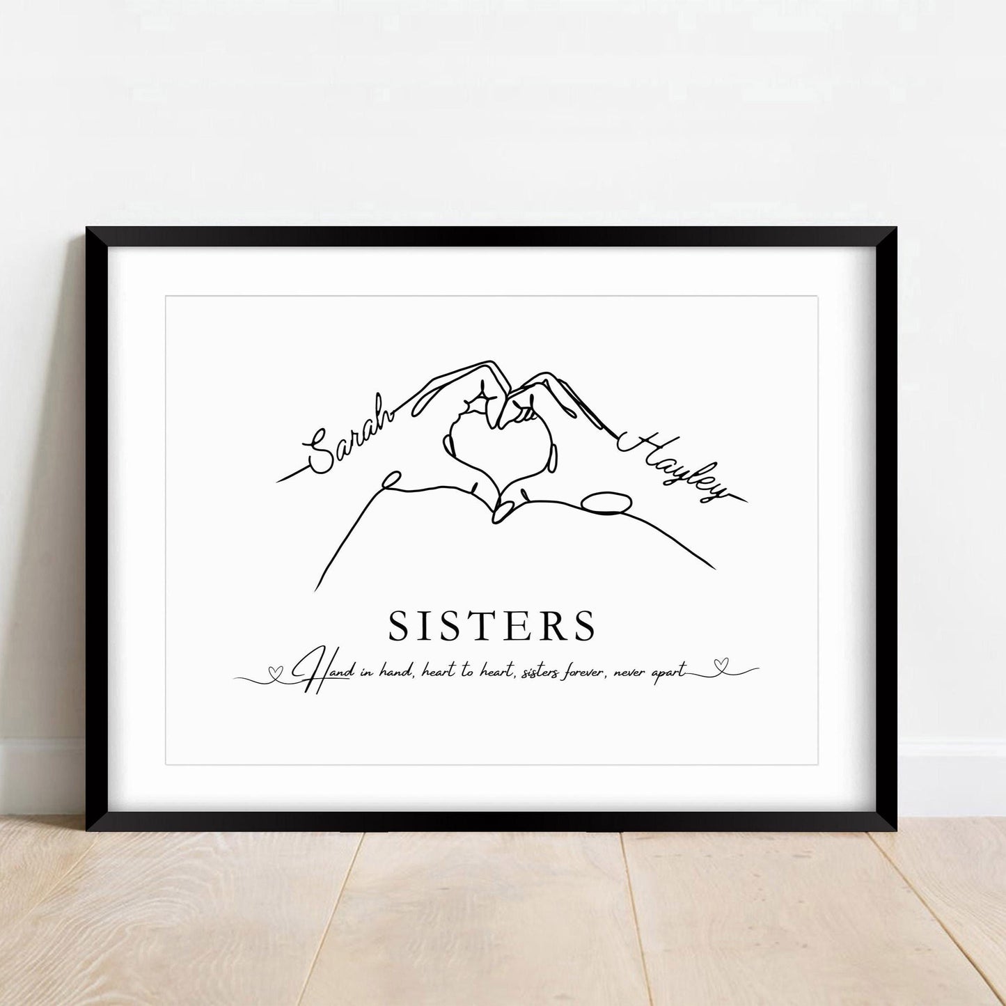 Personalised Sisters Print: Heart Hands Keepsake, Custom Names Gift