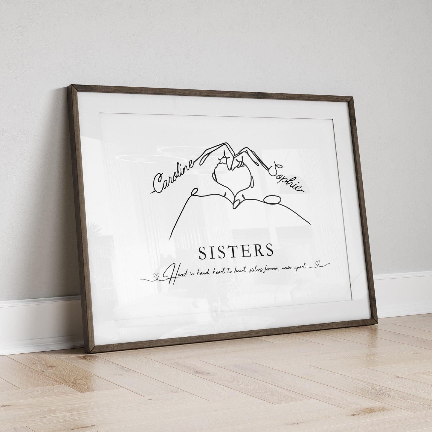 Personalised Sisters Print: Heart Hands Keepsake, Custom Names Gift