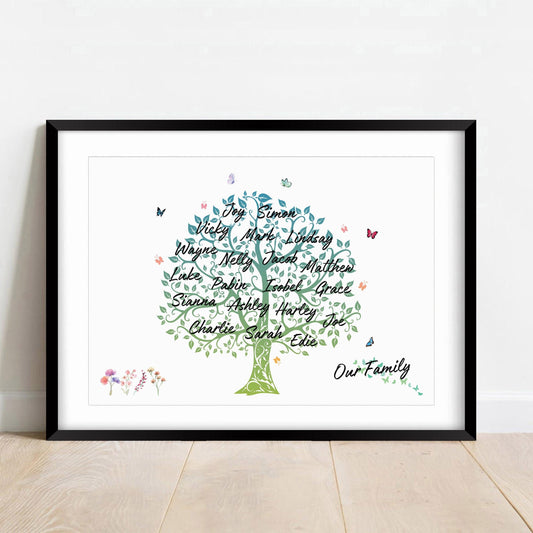 Personalised Family Tree Print: Custom Family Names Artwork Gift