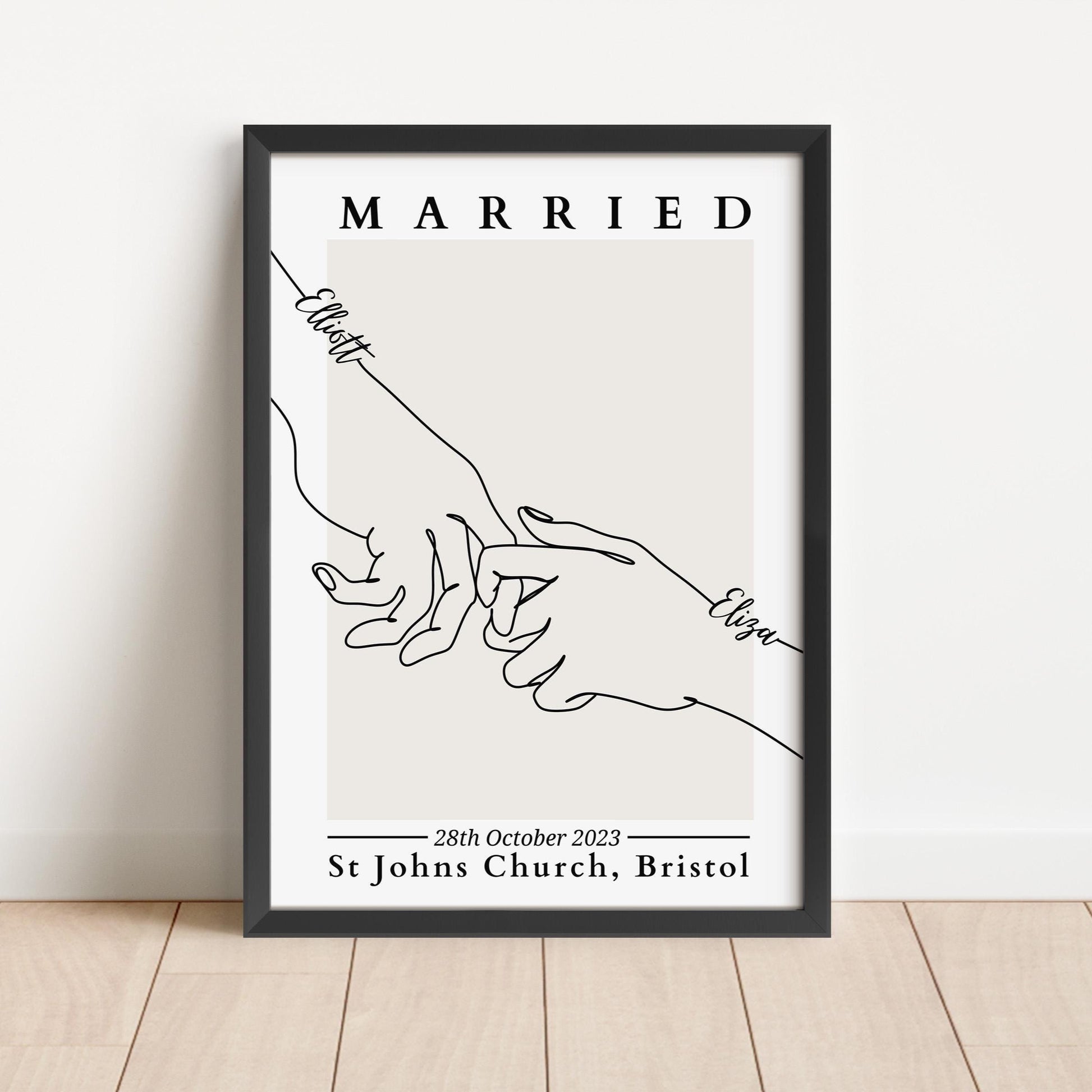 Personalised black and white line drawing of a bride and groom, ideal for modern wedding decor.