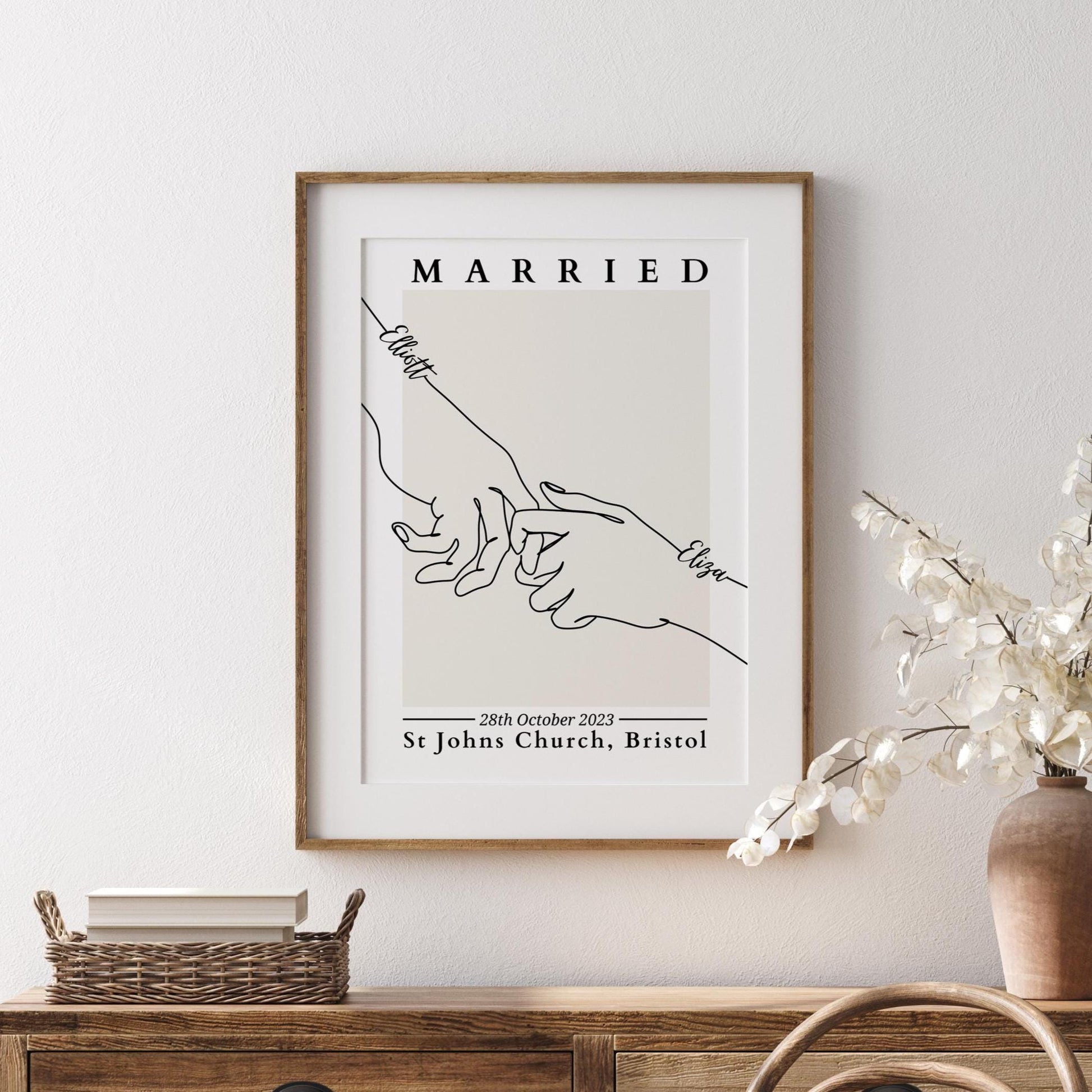 Custom couple portrait in minimalist style, featuring clean lines and personalised text.