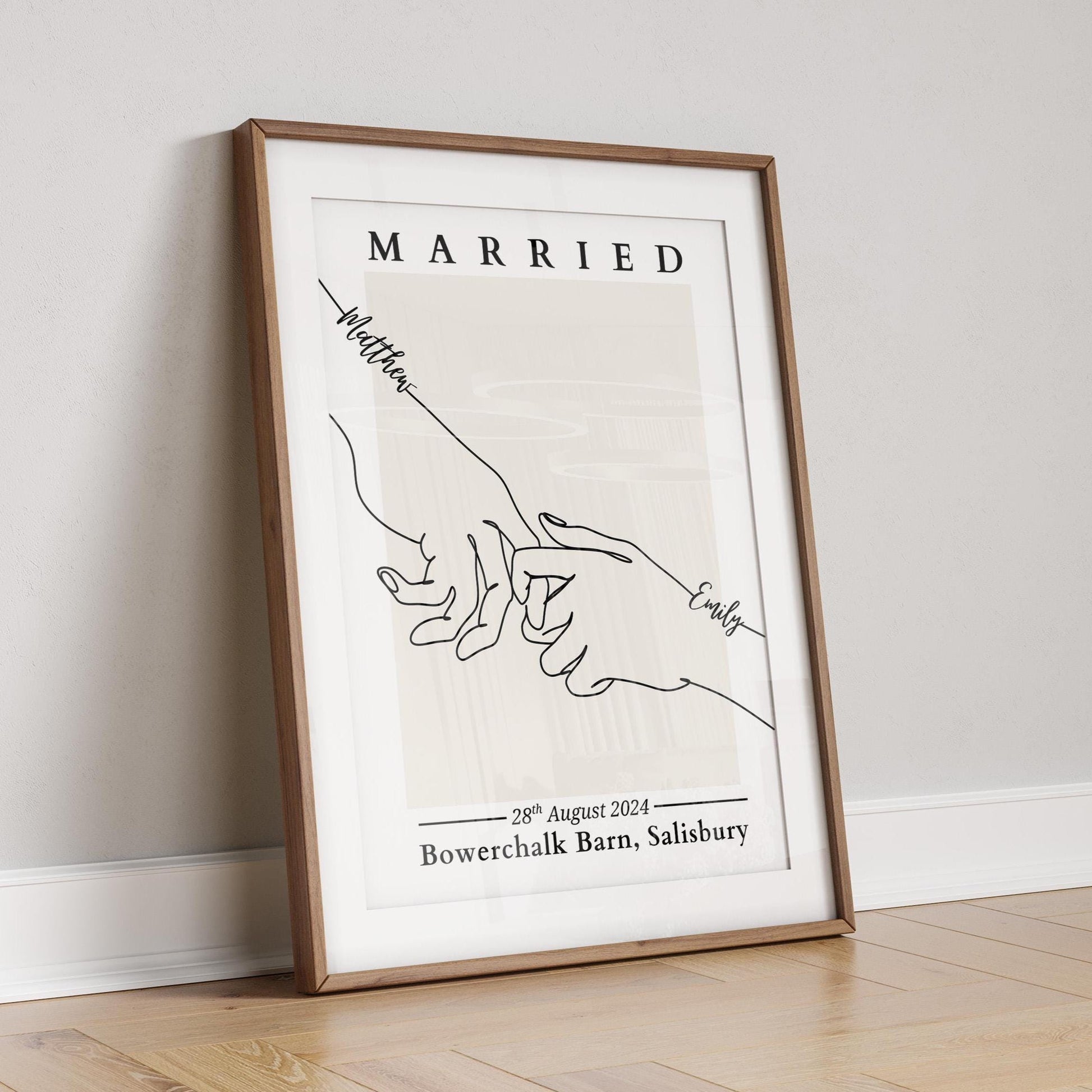 Elegant line art print depicting a couple on their wedding day, with customisable details.