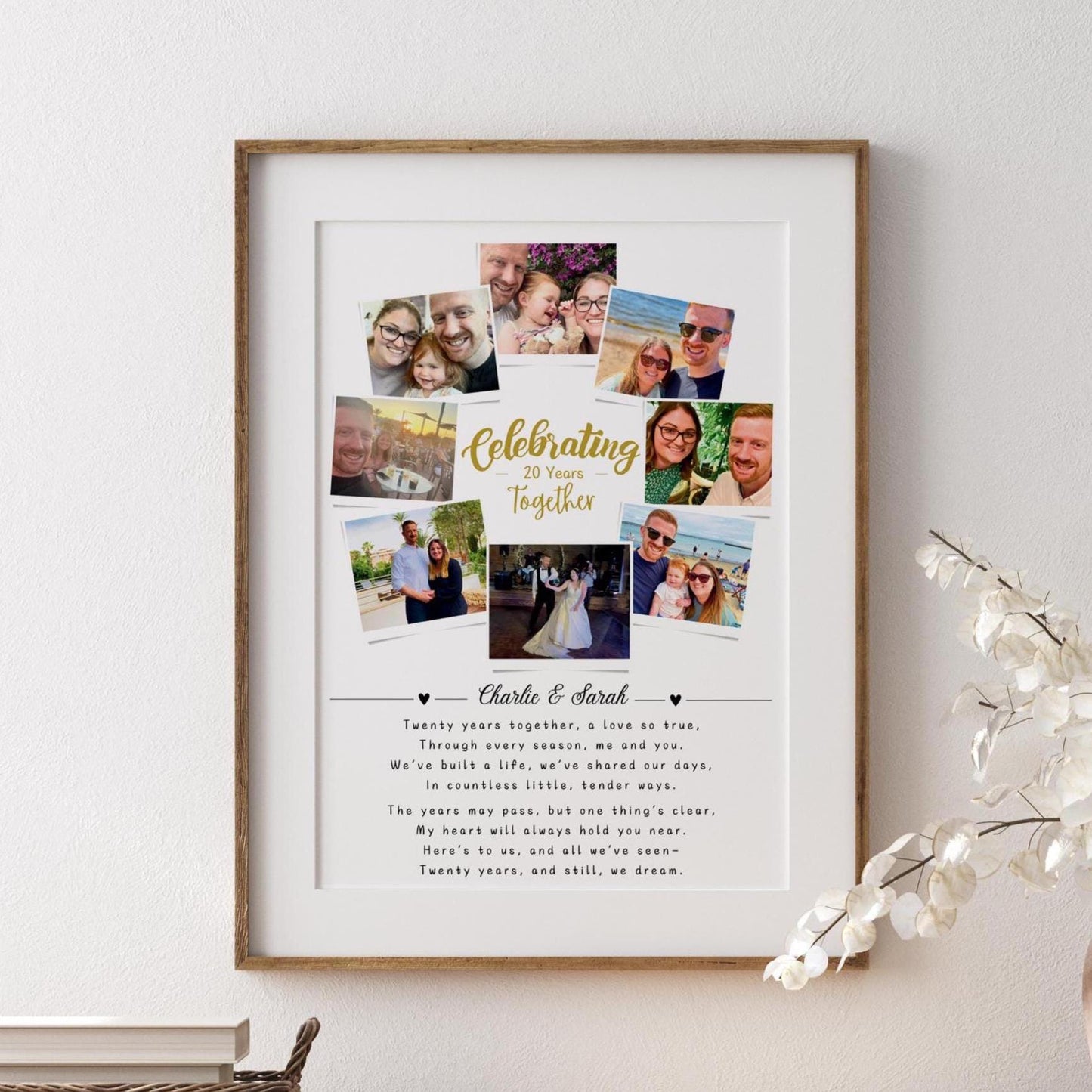 Personalised 20th Wedding Anniversary print featuring 8 photos, couple&#39;s names, and a heartfelt quote. Custom design to celebrate two decades of love, perfect for a memorable anniversary gift.
