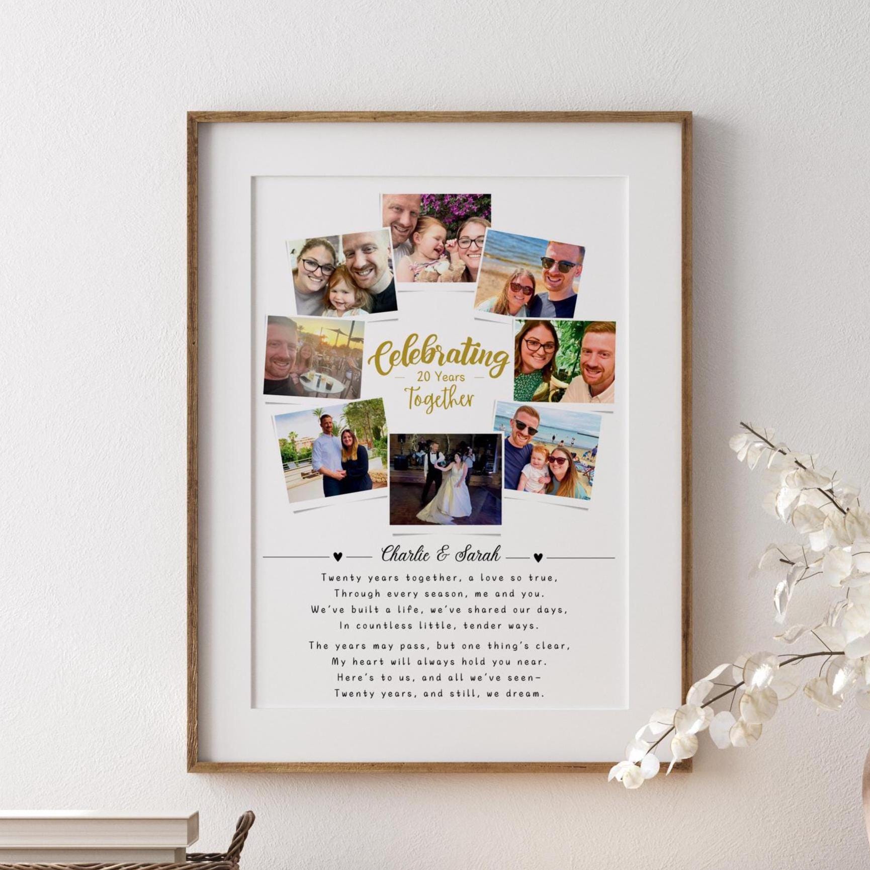 Personalised 20th Wedding Anniversary print featuring 8 photos, couple&#39;s names, and a heartfelt quote. Custom design to celebrate two decades of love, perfect for a memorable anniversary gift.