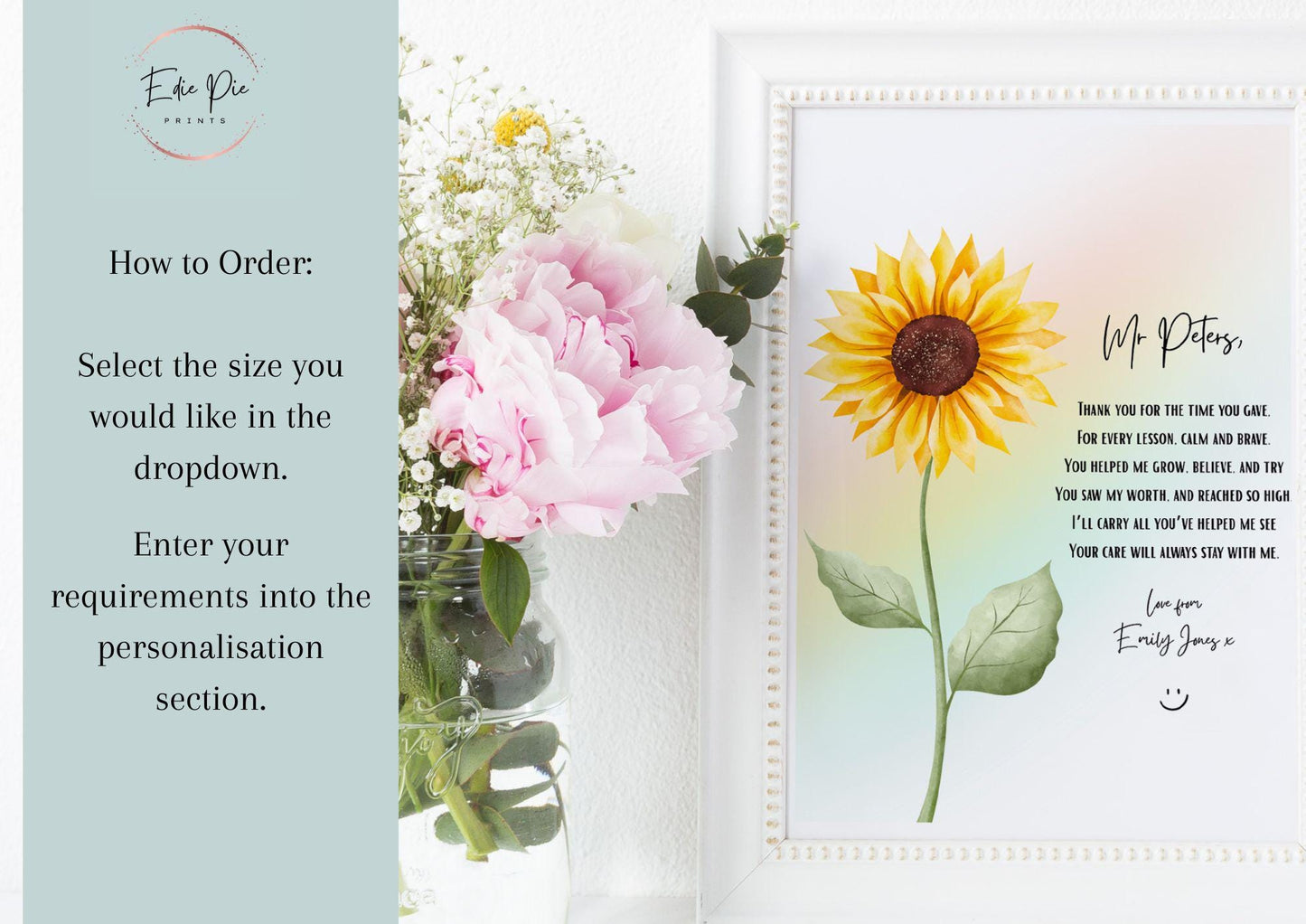 Personalised Teacher Gift, Sunflower & Rainbow Print, Nursery Keyworker Thank You, Custom End of Year Gift, Thank You Gift for Nursery Staff