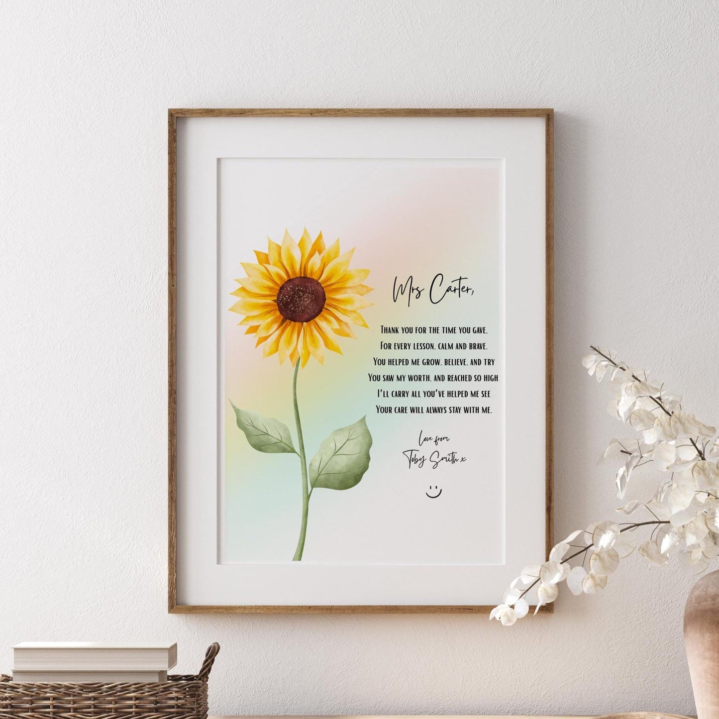 Personalised Teacher Gift, Sunflower & Rainbow Print, Nursery Keyworker Thank You, Custom End of Year Gift, Thank You Gift for Nursery Staff
