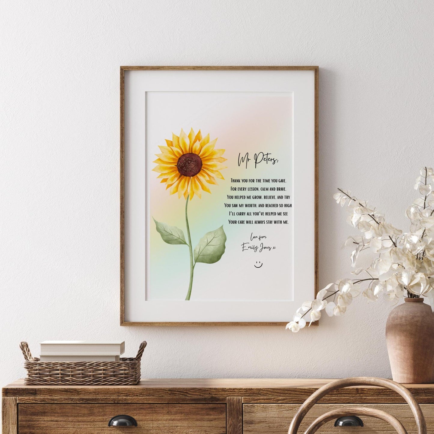 Personalised Teacher Gift, Sunflower & Rainbow Print, Nursery Keyworker Thank You, Custom End of Year Gift, Thank You Gift for Nursery Staff