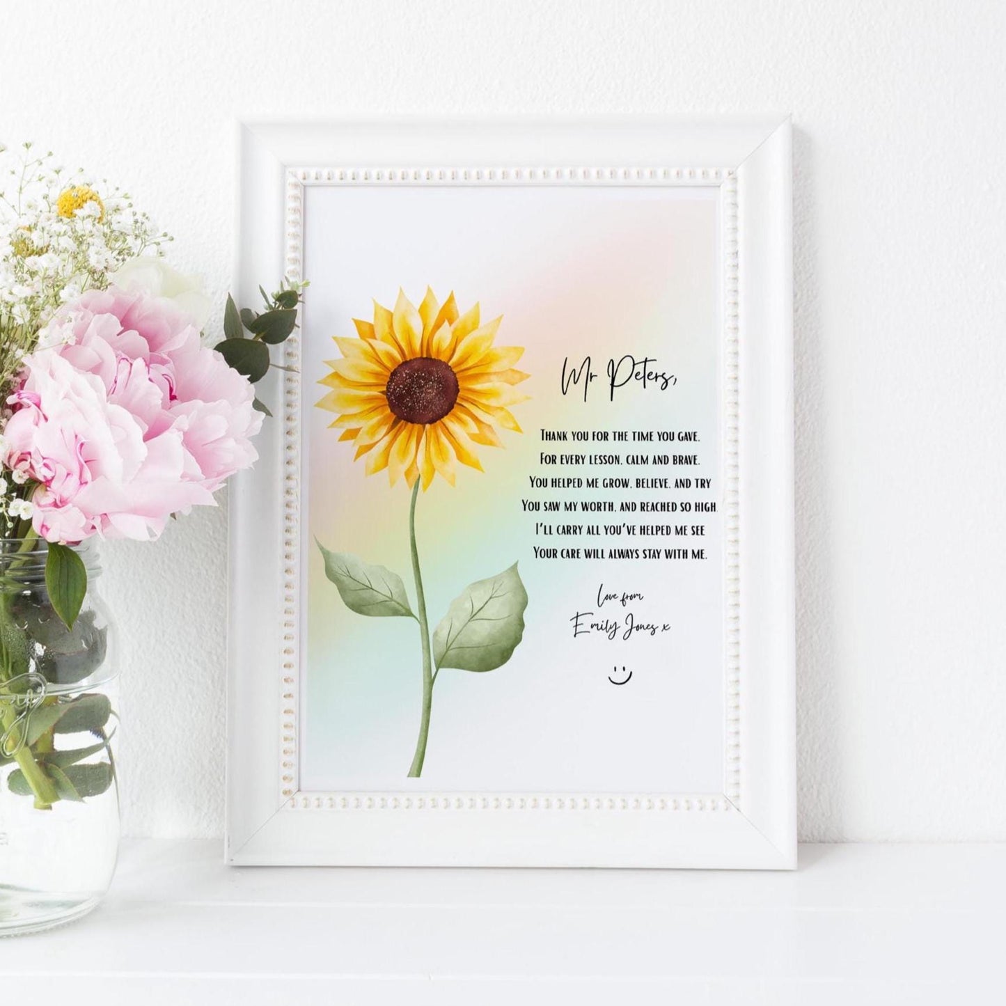 Personalised Teacher Gift, Sunflower & Rainbow Print, Nursery Keyworker Thank You, Custom End of Year Gift, Thank You Gift for Nursery Staff