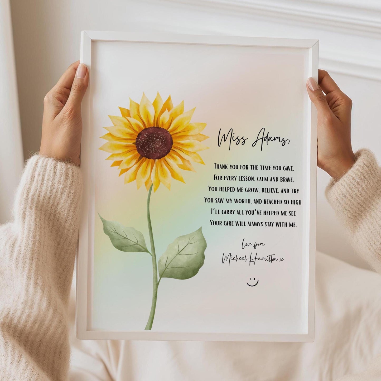 Personalised Teacher Gift, Sunflower & Rainbow Print, Nursery Keyworker Thank You, Custom End of Year Gift, Thank You Gift for Nursery Staff