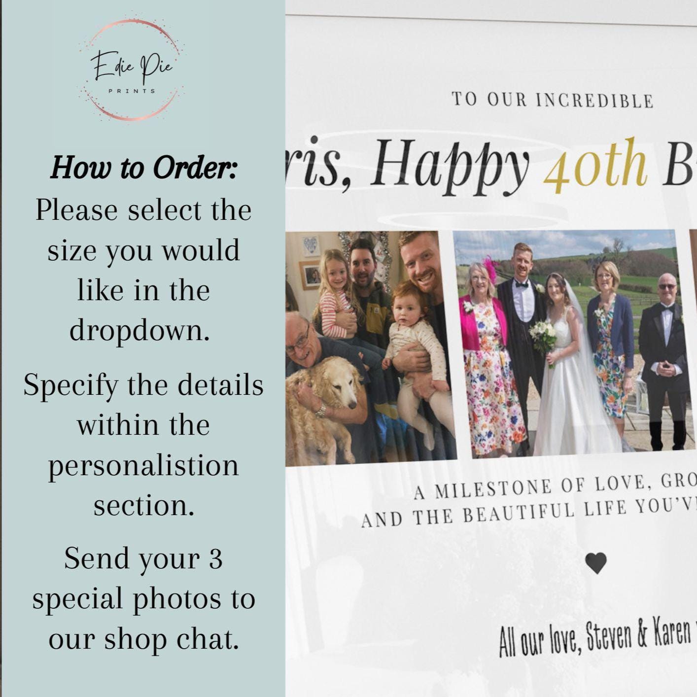 Personalised 40th Birthday Photo Gift, 40th Celebration Frame, 40th Milestone Photo Poster, Polaroid Style, Unique 40 Gift Daughter Son