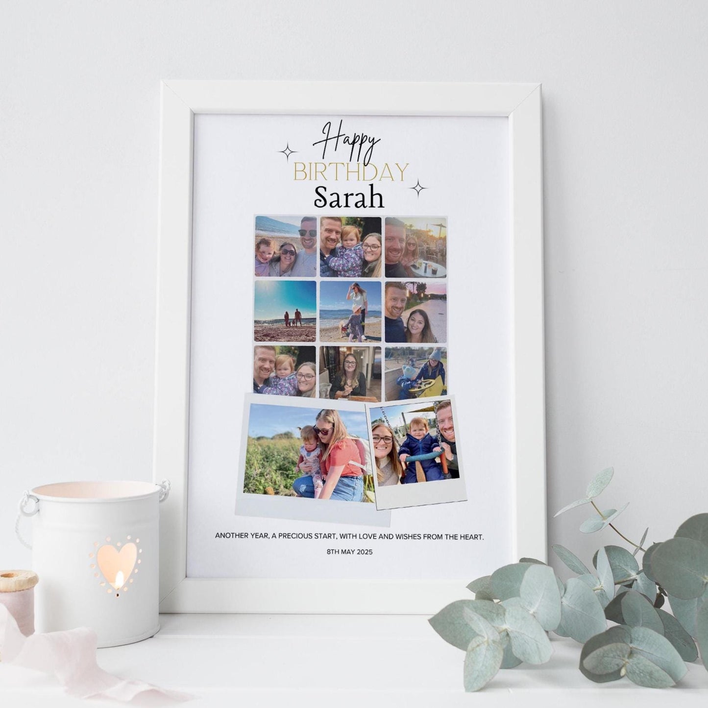 Custom Birthday Photo Collage Gift, Personalised Picture Frame with Name, Message, Photos, Unique Milestone Gift for Her, Mum Wife Friend