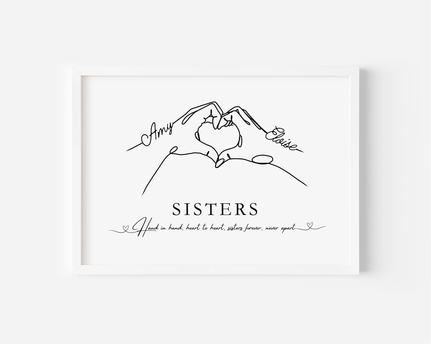 Personalised Sisters Print: Heart Hands Keepsake, Custom Names Gift