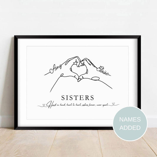Personalised Sisters Print: Heart Hands Keepsake, Custom Names Gift