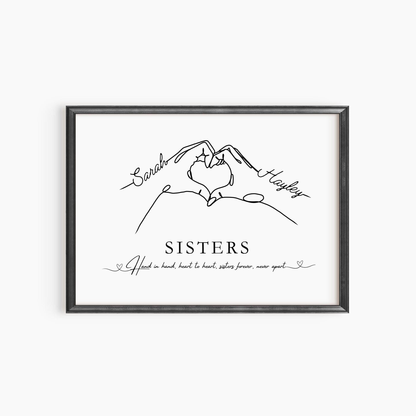Personalised Sisters Print: Heart Hands Keepsake, Custom Names Gift