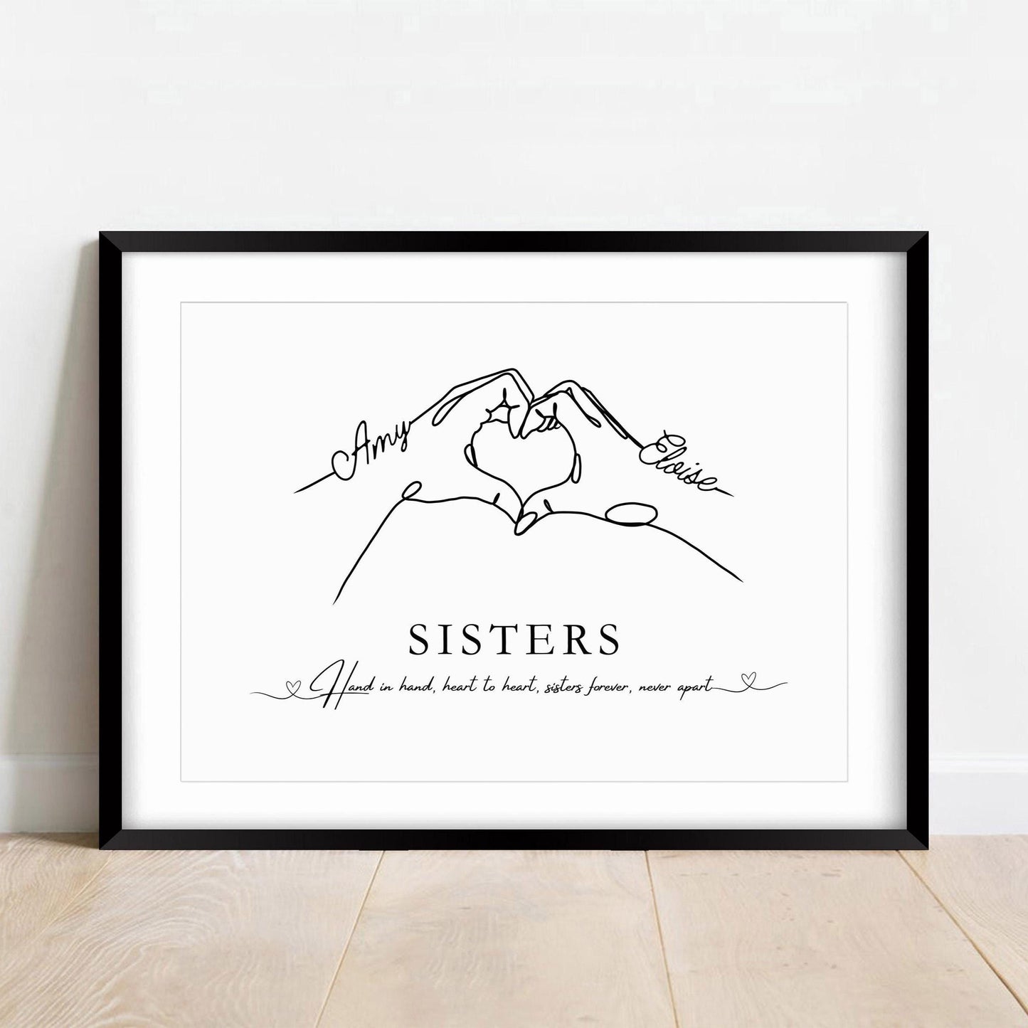 Personalised Sisters Print: Heart Hands Keepsake, Custom Names Gift