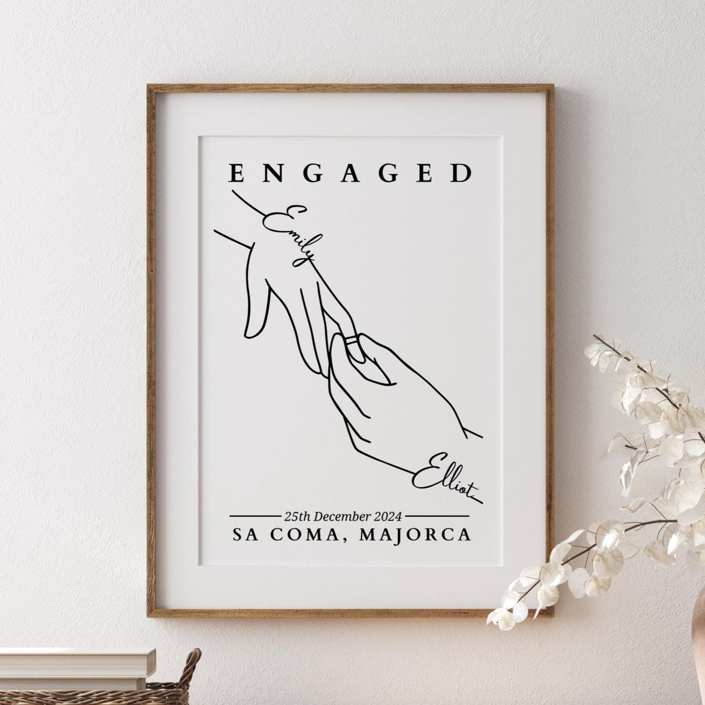 Custom Engagement Line Art Print: Personalised Couple Keepsake