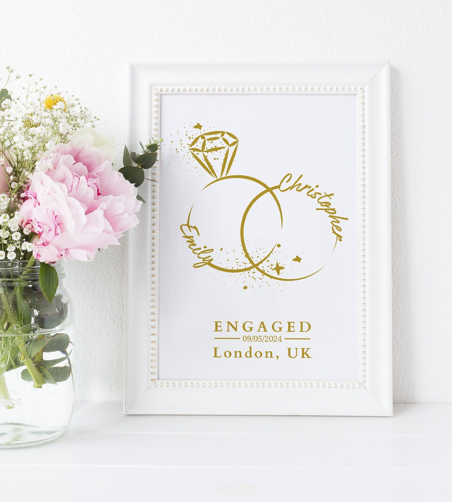 Personalised Engagement Print: Minimalist Rings Line Art, Custom Couple Gift