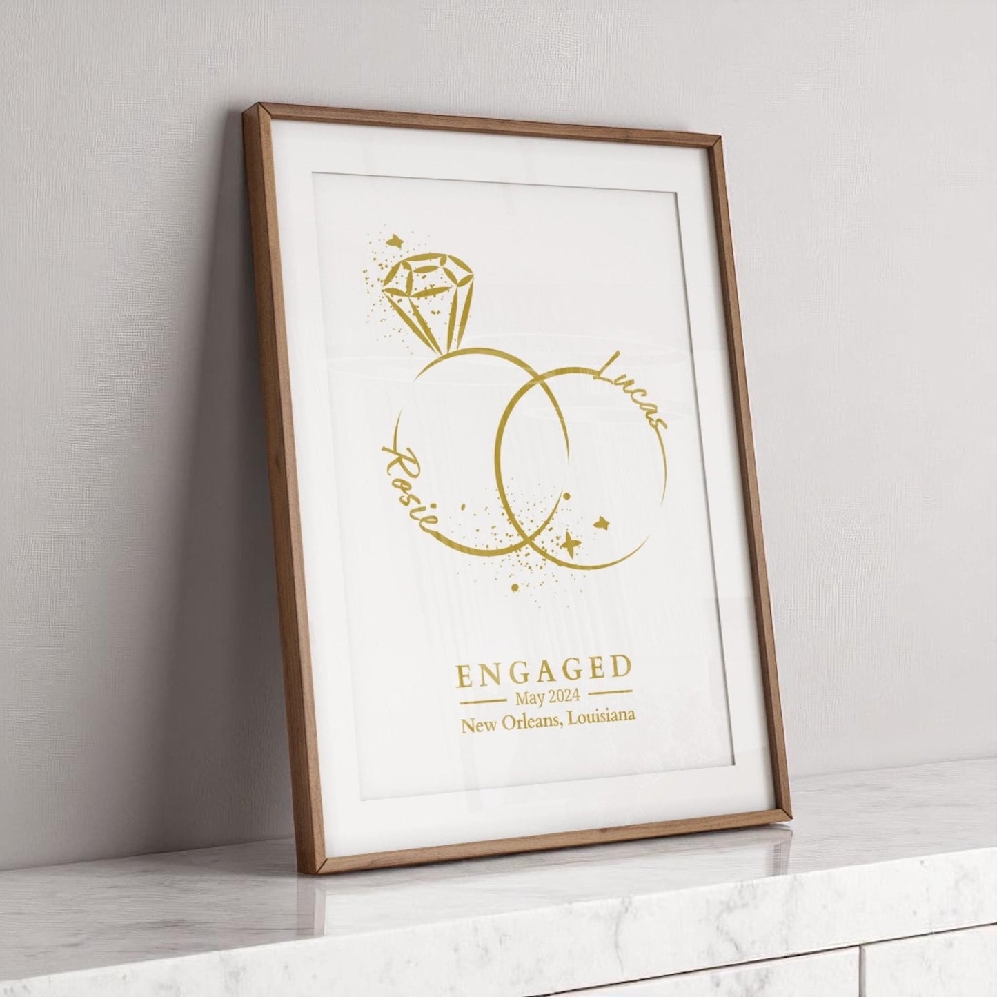 Personalised Engagement Print: Minimalist Rings Line Art, Custom Couple Gift