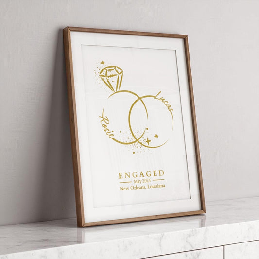 Personalised Engagement Print: Minimalist Rings Line Art, Custom Couple Gift