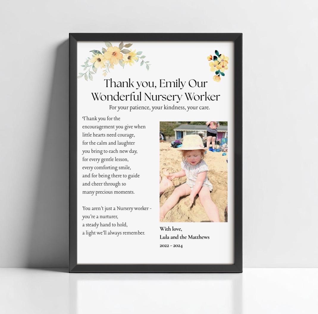 Personalised Nursery Worker Thank You Gift, Custom Nursery Teacher Appreciation Print, Nursery Keyworker Poem Photo Frame, End of Term Gift
