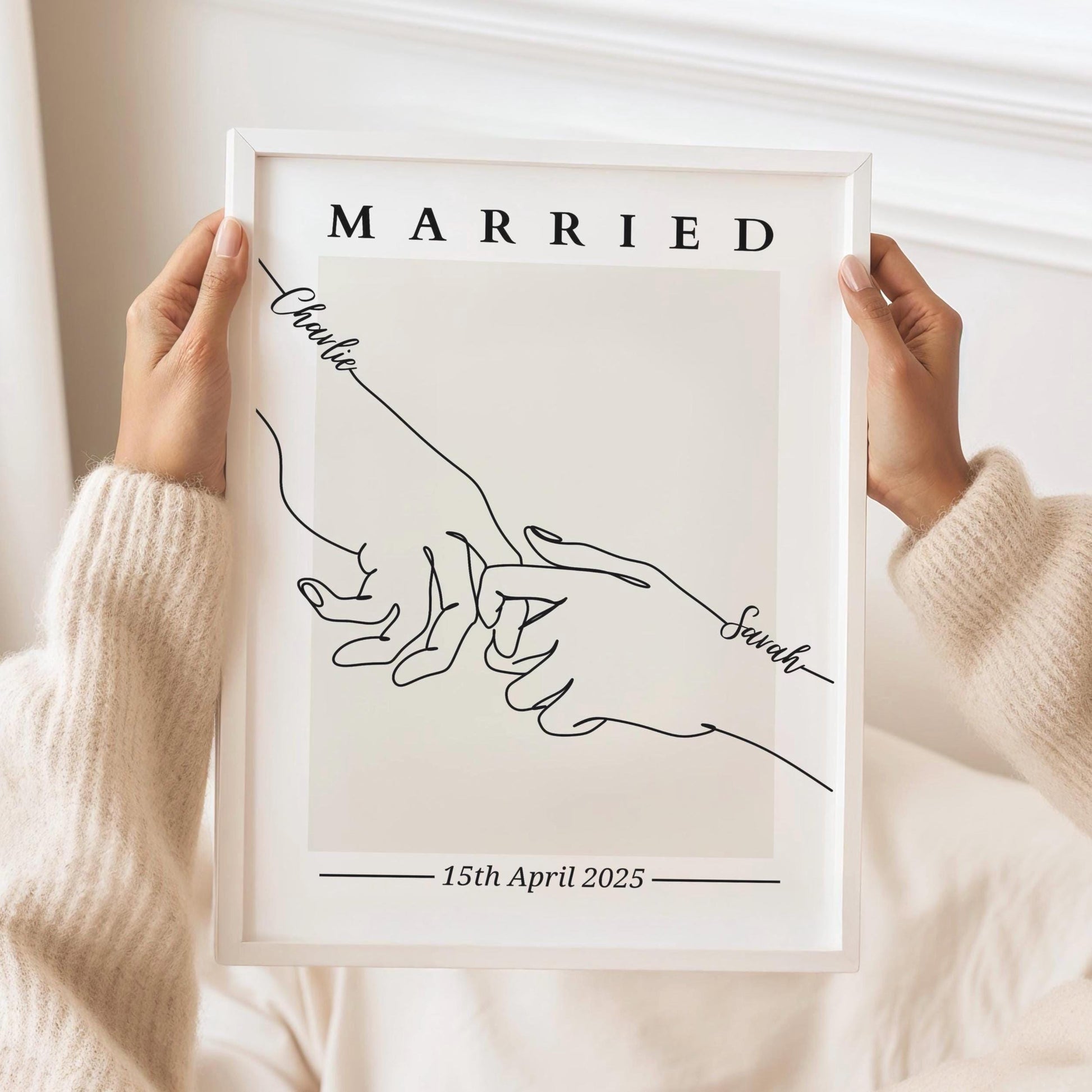 Minimalist line art illustration of a newlywed couple embracing, customized with names and wedding date.