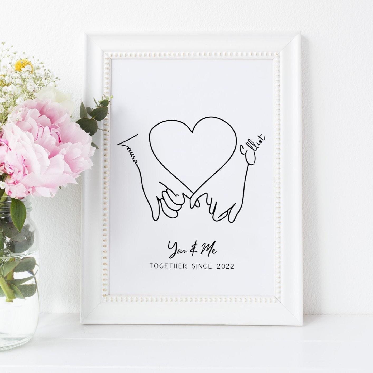 Personalized Couple Hand in Hand Line Art Print with Names and Heart, Custom Anniversary Gift, Minimalist You and Me Wall Decor, Hands Gift