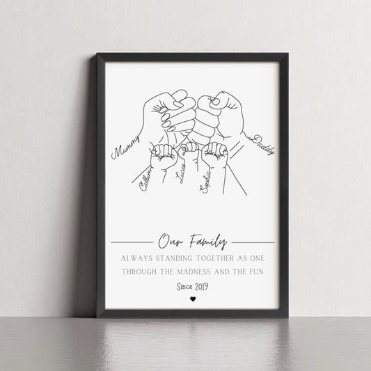 Family Fist Hands Gift, Personalised Fist Bump Print, Unique Father's Day Keepsake, 1 to 4 Children Gift for Parent, Custom Portrait Dad Mum
