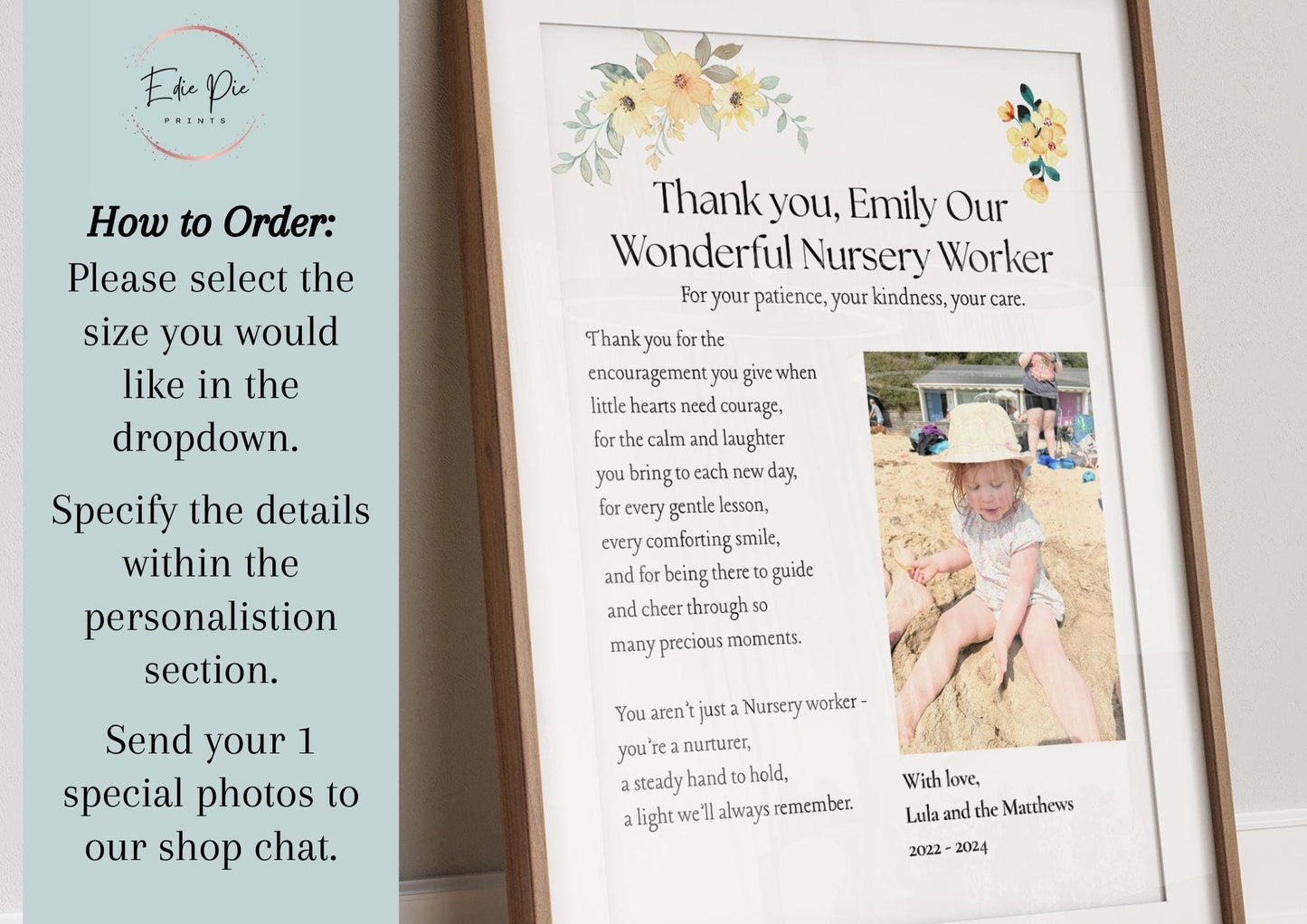 Personalised Nursery Worker Thank You Gift, Custom Nursery Teacher Appreciation Print, Nursery Keyworker Poem Photo Frame, End of Term Gift