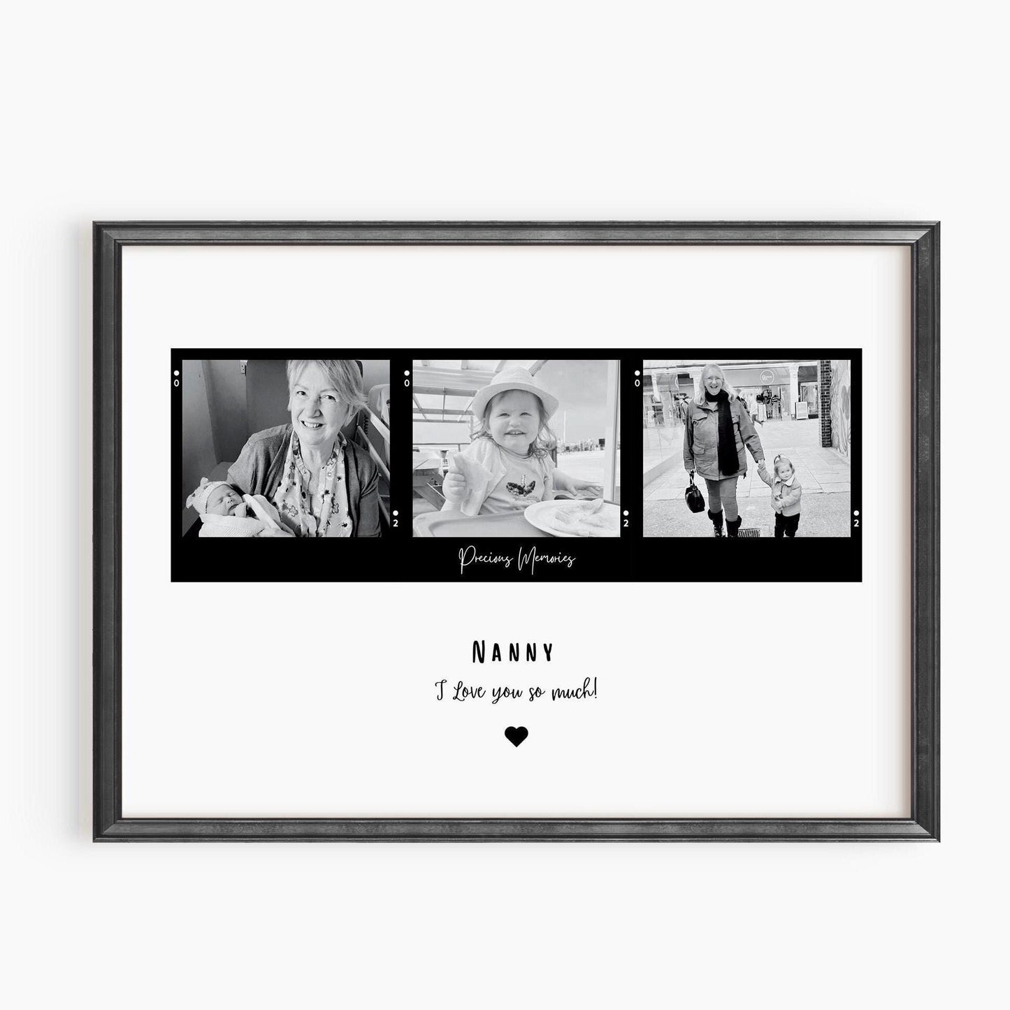 Personalized &#39;Nana&#39; frame with a customizable title, featuring three Polaroid-style photos in color or black and white. Available with an optional black or white frame. A heartfelt quote is displayed underneath, making it a perfect sentimental gift.