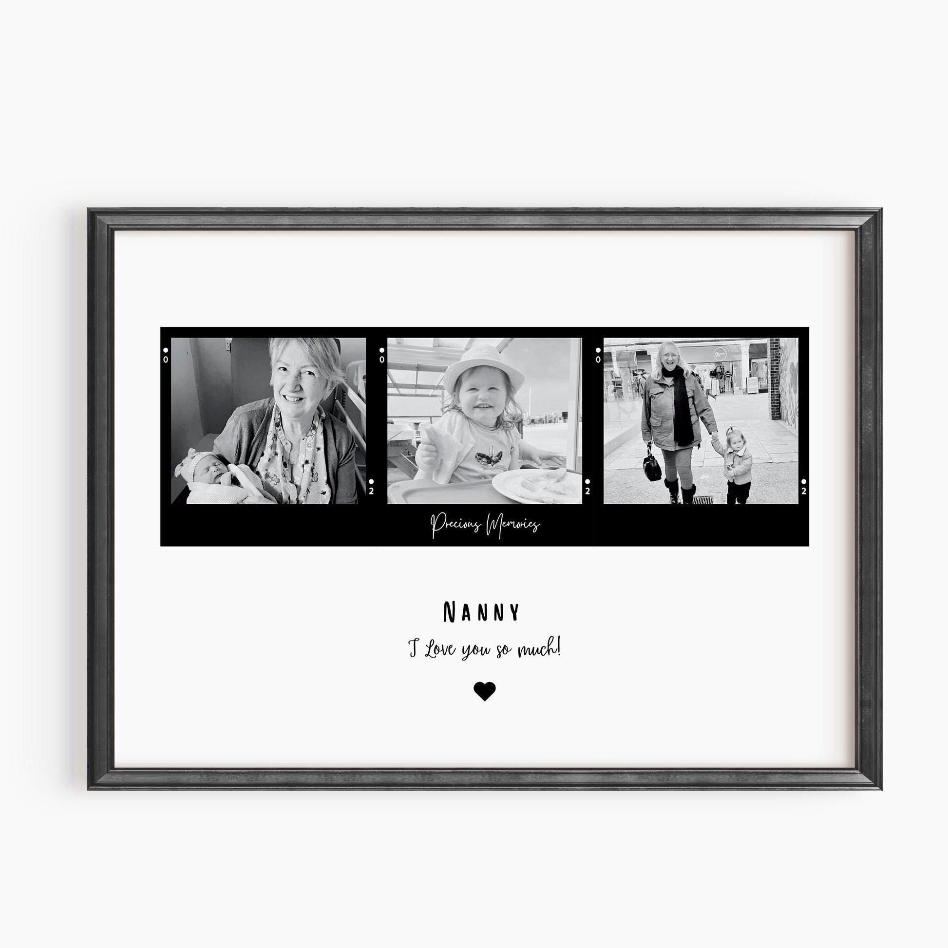 Personalized &#39;Nana&#39; frame with a customizable title, featuring three Polaroid-style photos in color or black and white. Available with an optional black or white frame. A heartfelt quote is displayed underneath, making it a perfect sentimental gift.