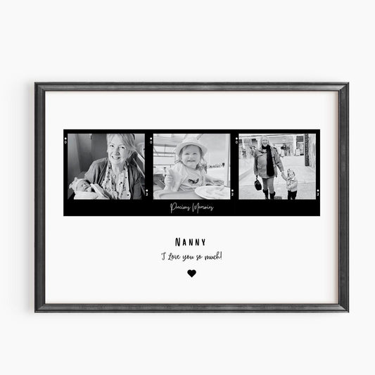 Personalized &#39;Nana&#39; frame with a customizable title, featuring three Polaroid-style photos in color or black and white. Available with an optional black or white frame. A heartfelt quote is displayed underneath, making it a perfect sentimental gift.