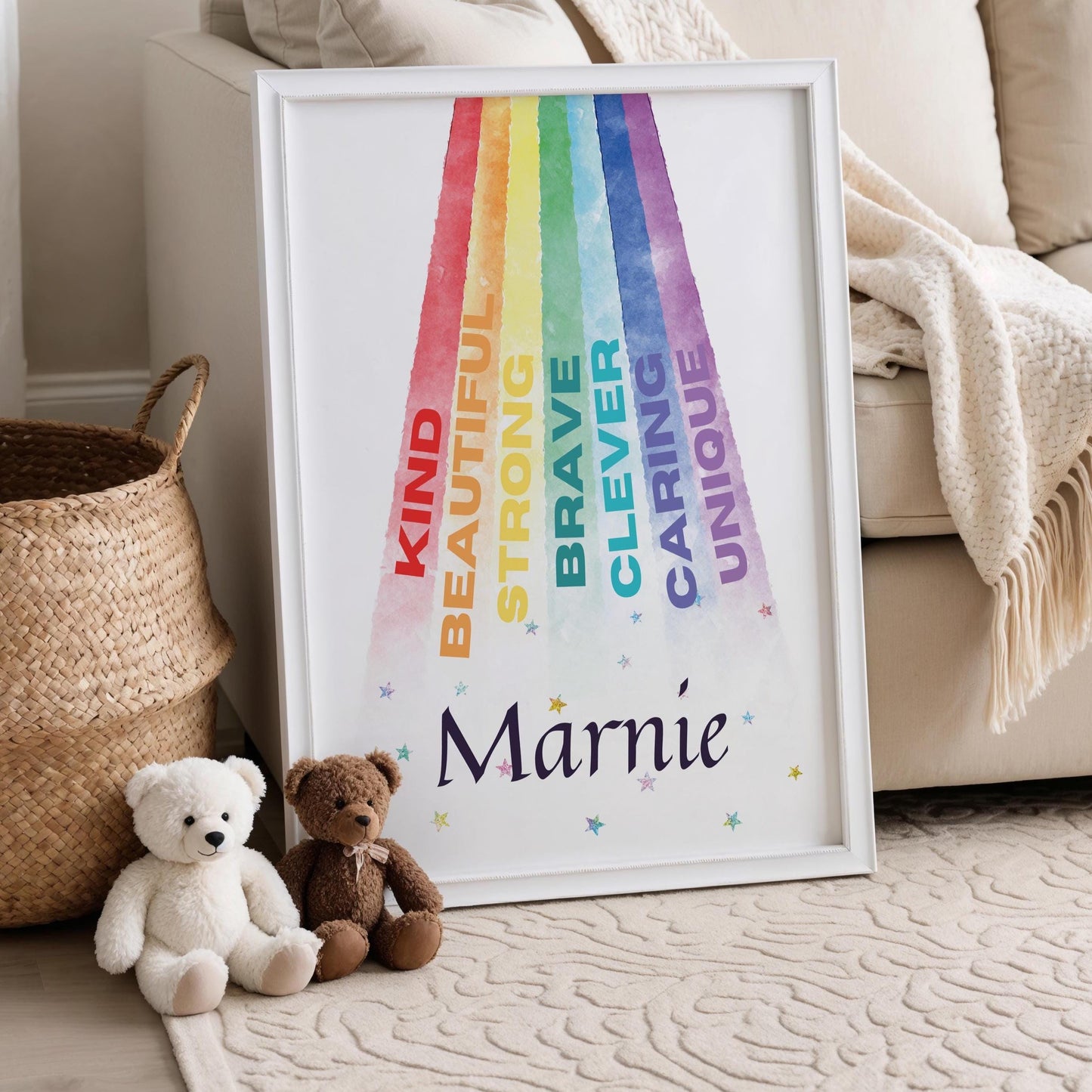 Custom Rainbow Name Nursery Print: Inspirational Kids Room Wall Art