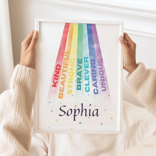 Custom Rainbow Name Nursery Print: Inspirational Kids Room Wall Art