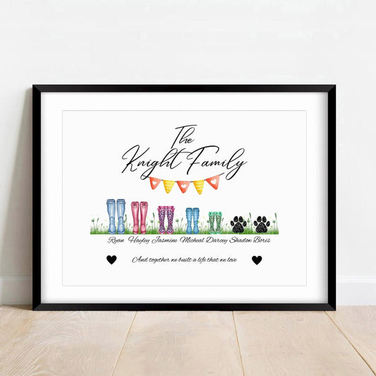 Family Wellies Print, Wellington Boots Christmas Gift, Framed Poster for Couple, Housewarming Present, 3-12 Family Names, New Parents Decor