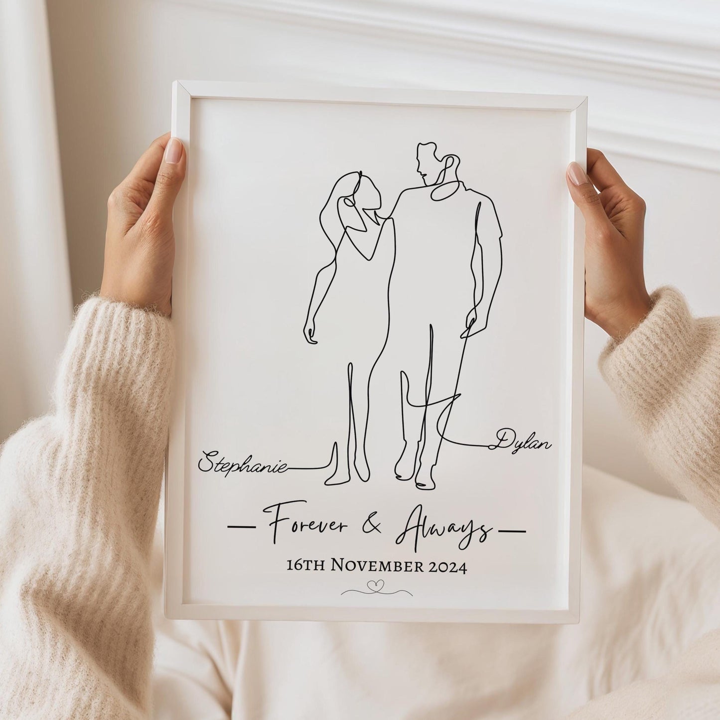 Custom Line Art Couple Portrait, Personalised Anniversary Gift, Minimalist Wall Art Print, Romantic Gift for Him Her, Wedding Keepsake