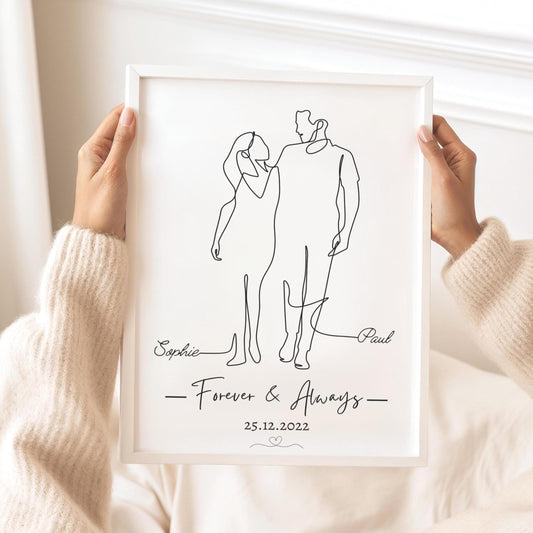 Custom Line Art Couple Portrait, Personalised Anniversary Gift, Minimalist Wall Art Print, Romantic Gift for Him Her, Wedding Keepsake