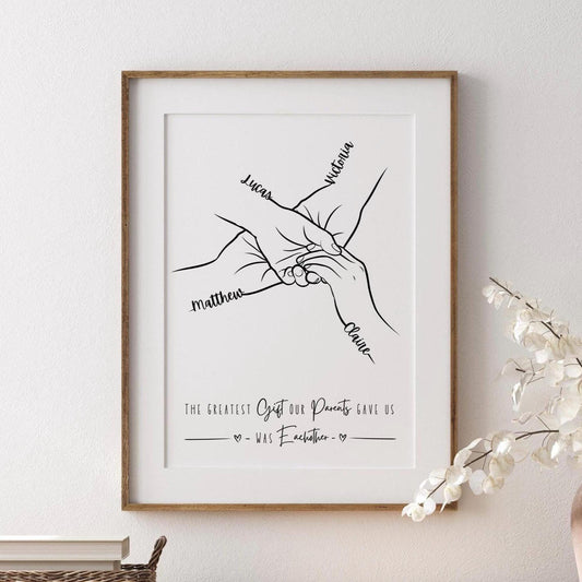 Line art drawing of two sibling hands, each with a name written on the palm. Beneath the hands is a quote that reads, &quot;The greatest gift our parents gave us was each other.&quot;