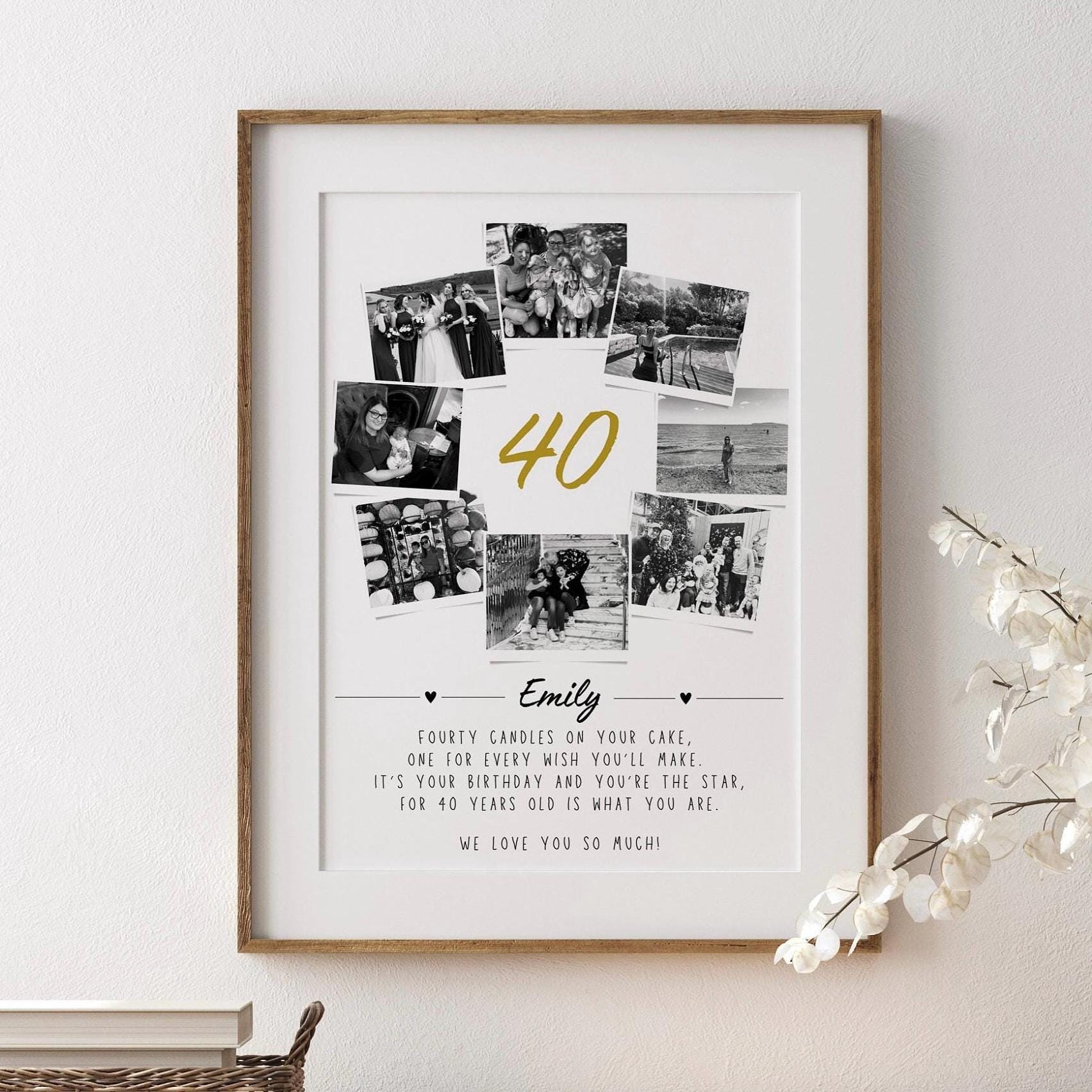 40th birthday gift print featuring the number 40 filled with a collage of personal photos. The design is personalized with the recipient's name and includes a heartfelt quote that reads: 'Forty candles on your cake, one for every wish you'll make, for it’s your birthday and you're the star, for 40 years old is what you are.' A meaningful and custom keepsake to celebrate a milestone birthday.