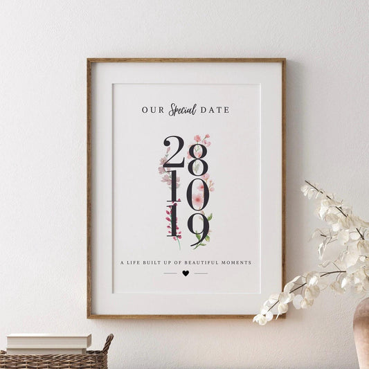 Personalised Floral Anniversary Date Print: Wedding Milestone Gift