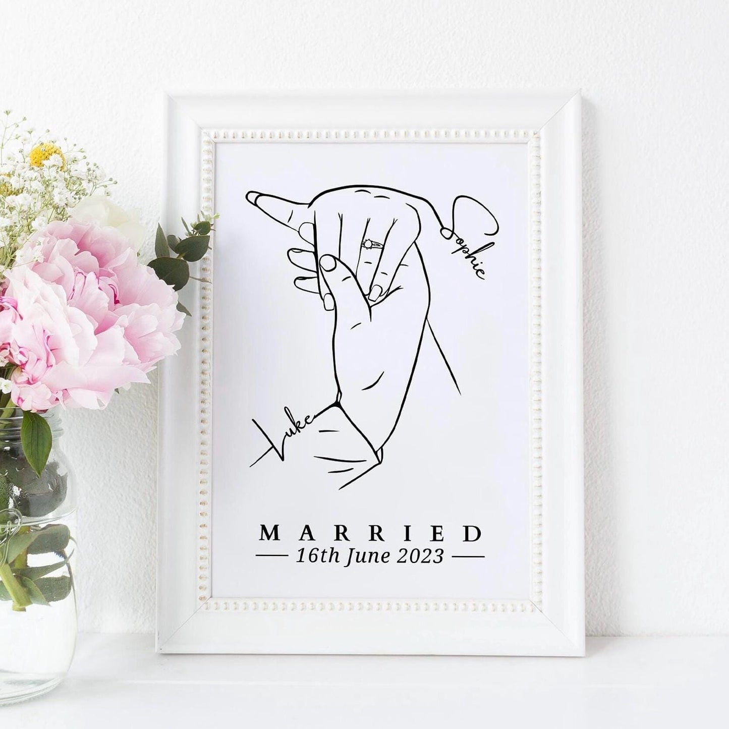 Personalised Married Hand Print, Newly Wed Gift, Wedding Line Art, Wedding Day Gift, Holding Hands Gift, Anniversary Idea, Bride and Groom