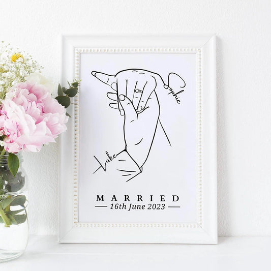 Personalised Married Hand Print, Newly Wed Gift, Wedding Line Art, Wedding Day Gift, Holding Hands Gift, Anniversary Idea, Bride and Groom