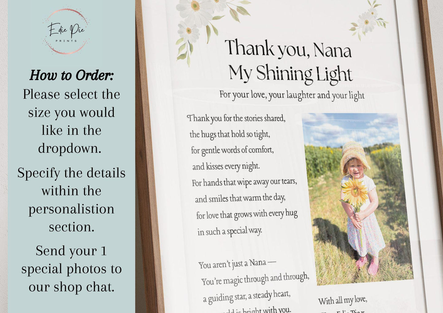 Personalised Nana Poem Print: Custom Floral Photo Thank You or Christmas Gift
