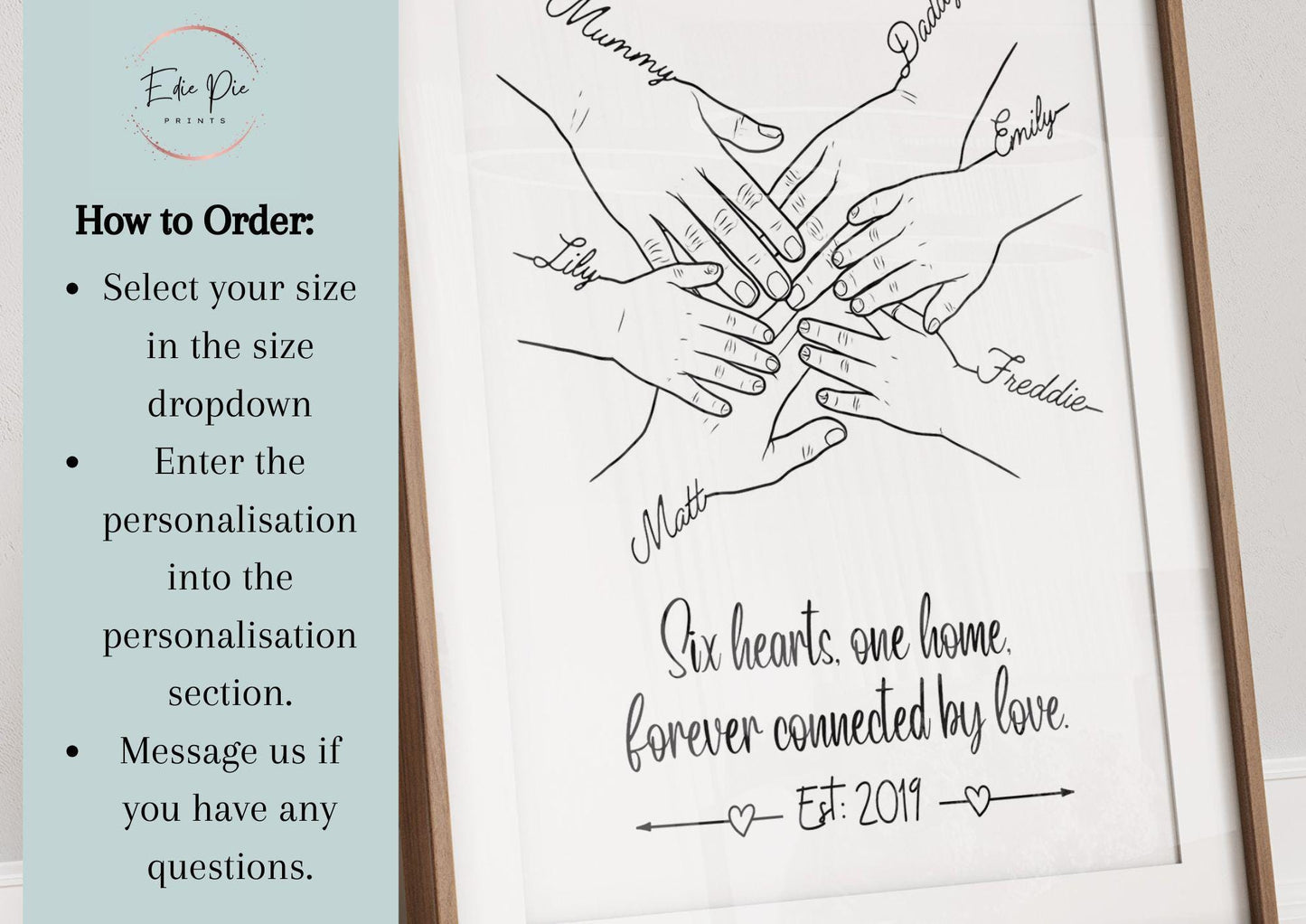 Personalised Family Hands Line Art Print: Custom Names Keepsake