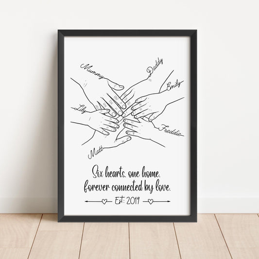 Personalised Family Hands Line Art Print: Custom Names Keepsake