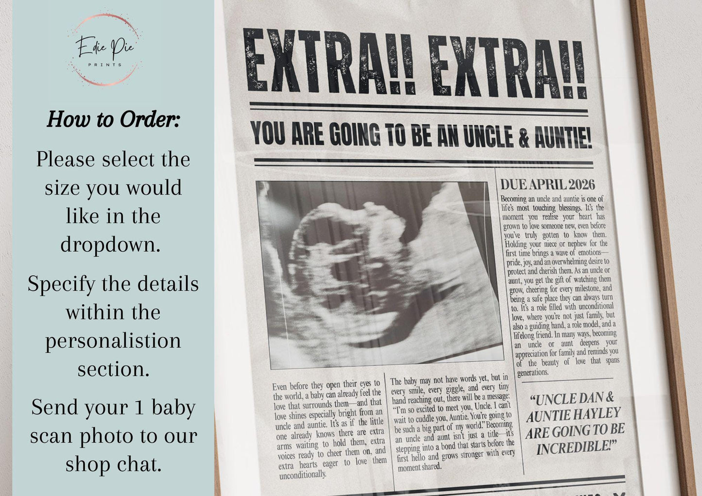 Custom Pregnancy Announcement Newspaper, Auntie & Uncle Baby Reveal