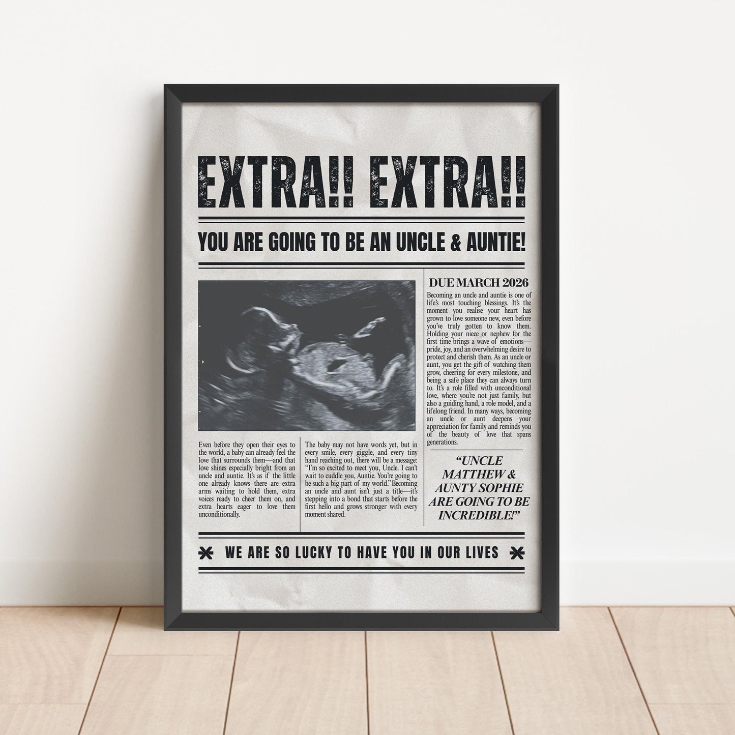 Custom Pregnancy Announcement Newspaper, Auntie & Uncle Baby Reveal