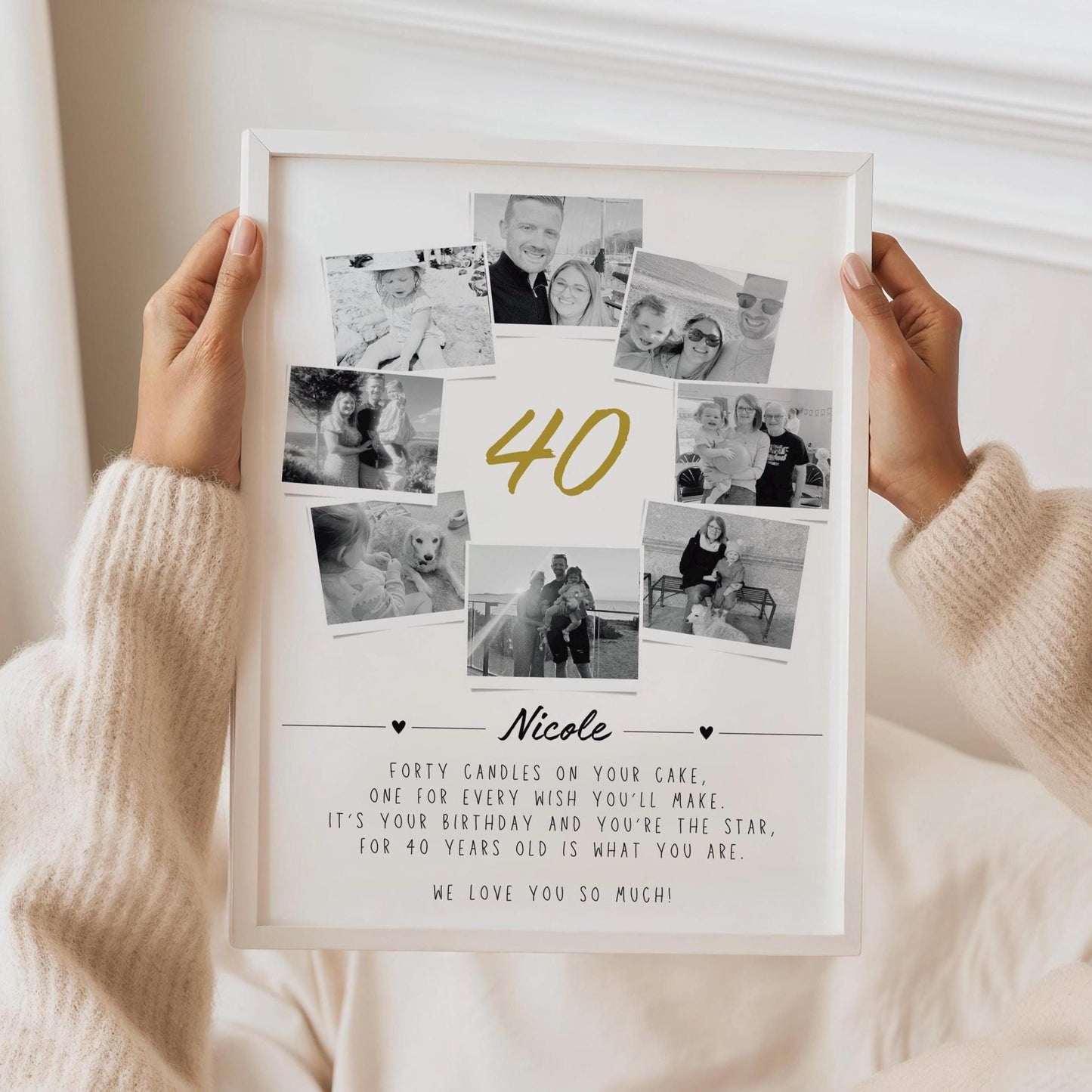 40th birthday gift print featuring the number 40 filled with a collage of personal photos. The design is personalized with the recipient's name and includes a heartfelt quote that reads: 'Forty candles on your cake, one for every wish you'll make, for it’s your birthday and you're the star, for 40 years old is what you are.' A meaningful and custom keepsake to celebrate a milestone birthday.